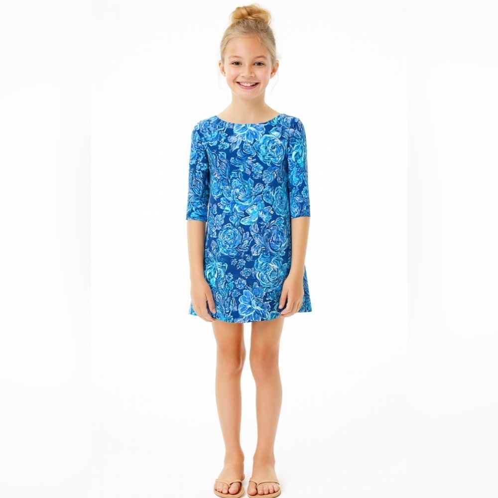 Lilly Pulitzer Girls Sophie 3/4 Sleeve Floral Dress Zanzibar Blue